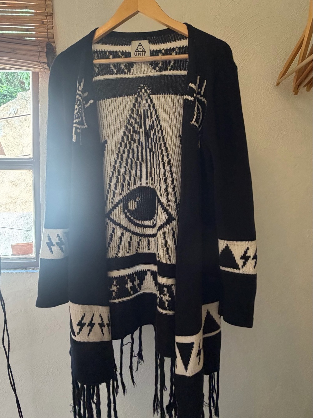 UNIF Black & White Eye Motif Fringe Knit Cardigan